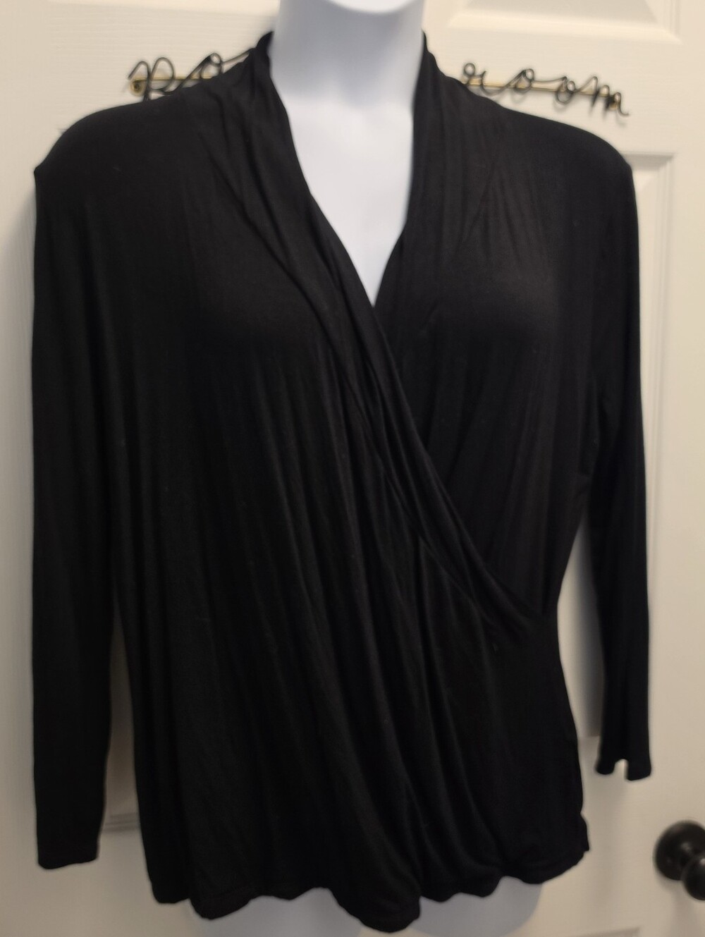 Renee C. 3x Black Faux-Wrap Long Sleeve Top